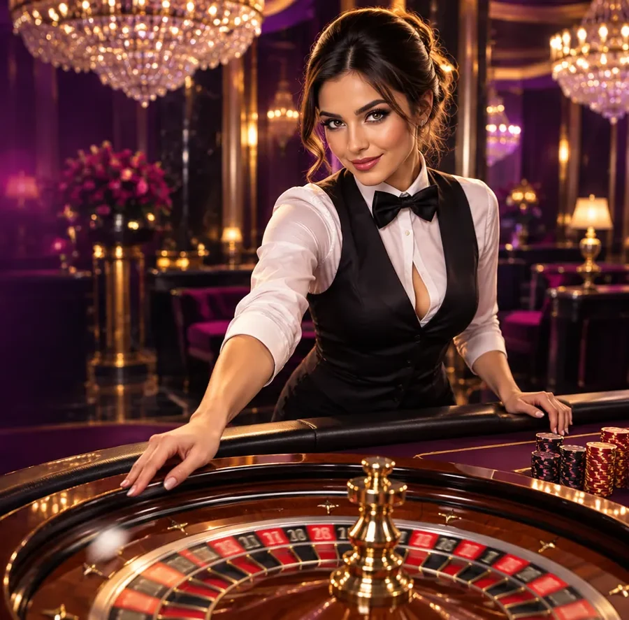 Here2Win Casino croupier leaning over a roulette wheel in a purple lounge under chandeliers