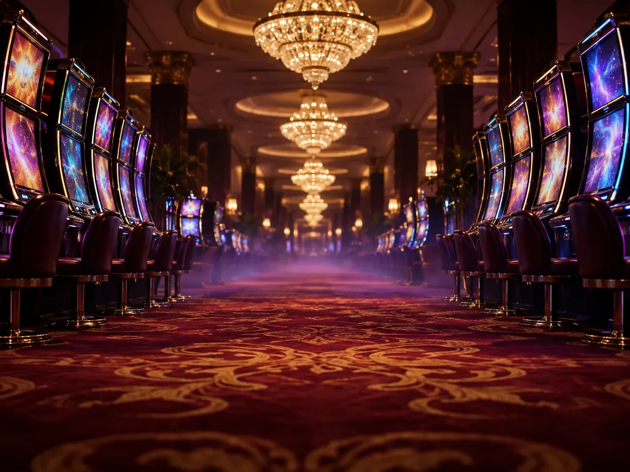 Here2Win Casino lounge with rows of glowing slot cabinets under chandeliers